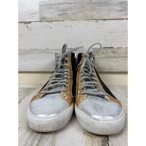 P448 Womens 10 Black Metallic Leather High Top Gold Lace Up Casual Sneakers